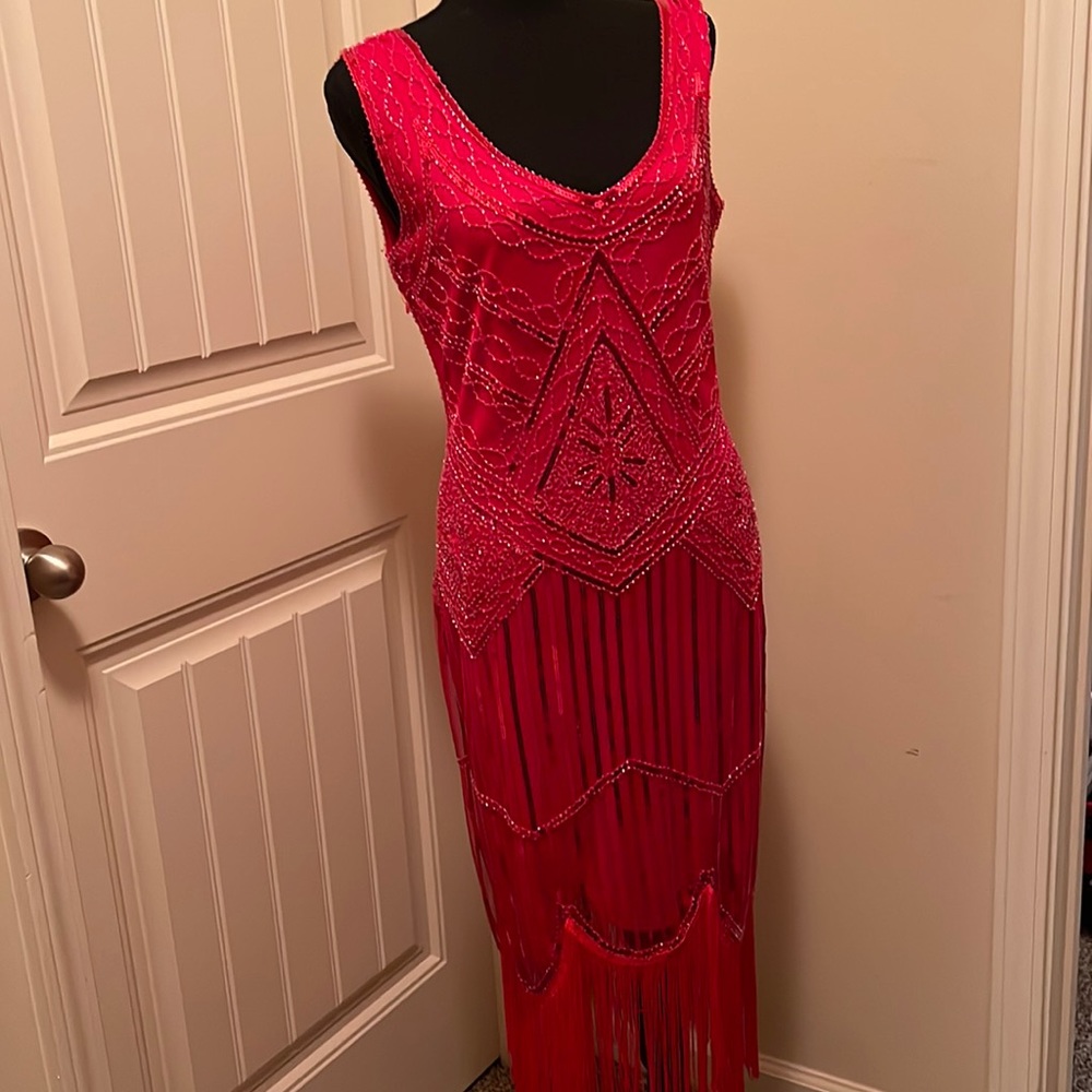 Red long semi sequin dress for date night or graduation , dining out.